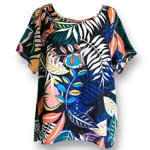 C&C California Womens Linen Top Plus Sz 1X Navy Blue Tropical Fern Print Shirt